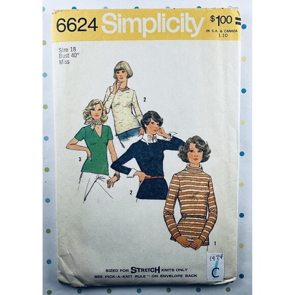 1970s Simplicity 6624 Sewing Pattern Womens Plus Sz 18 Stretch Knit Tops Cut - Picture 1 of 2